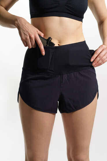 Alexo Women's Concealed Carry Runners Shorts in Black has a horizontal phone pocket